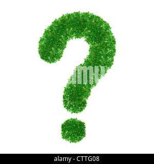 Green Question Mark made from grass isolated on white. Stock Photo