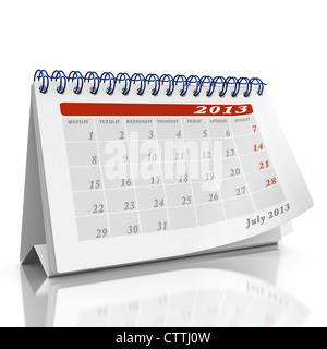 Month of July 2013 desktop Organizer on a white background with a page curl on the top page Stock Photo