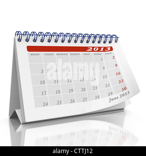 Month of June 2013 desktop Organizer on a white background with a page curl on the top page Stock Photo