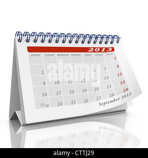 Month of September 2013 desktop Organizer on a white background with a page curl on the top page Stock Photo