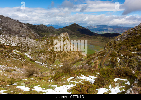 A view northwards near Mirador del Principe over Vega de Comeya, Picos de Europa National Park, Asturias,  Stock Photo