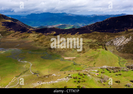 A view northwards near Mirador del Principe over Vega de Comeya, Picos de Europa National Park, Asturias,  Stock Photo