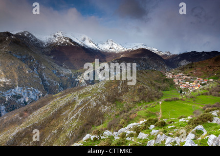 View from Sierra Cocon over Urdon valley towards Tresviso Village, Picos de Europa National Park, Cantabria, Spain Stock Photo