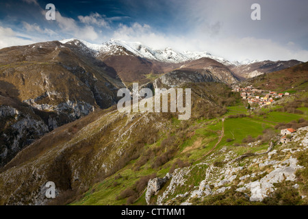View from Sierra Cocon over Urdon valley towards Tresviso Village, Picos de Europa National Park, Cantabria, Spain Stock Photo