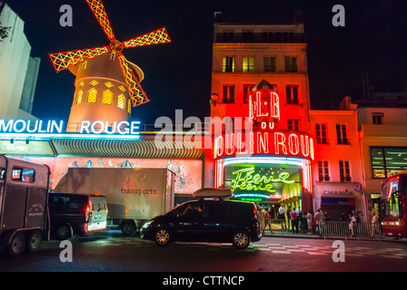 Paris, France, Pigalle District, Front at Night, the Moulin Rouge Cabaret Theatre, boulevard Lights, Street Scene Stock Photo