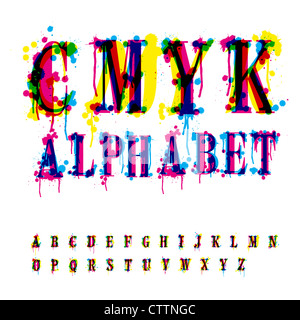 CMYk alphabet. Composition from unrecognized different letters and drops and streaks Stock Photo