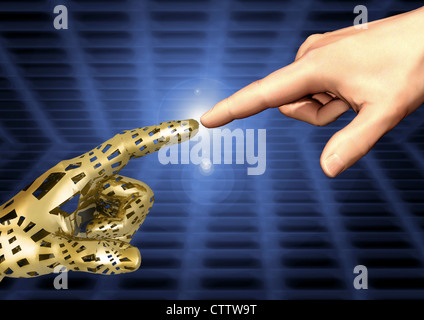 Eine digitale und eine analoge Hand berühren sich fast an den Fingerspitzen der ausgestreckten Zeigefinger Stock Photo