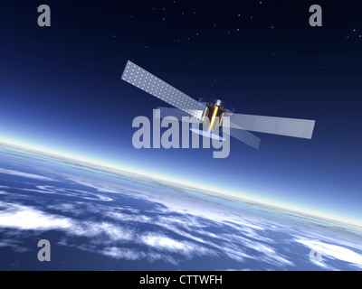 Ein Satellit mit Sonnensegeln im All über der Erde Stock Photo