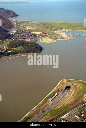 aerial view of Llandudno Junction to Conwy in North Wales, showing the A55 tunnel as it passes under the Afon Conway estuary Stock Photo