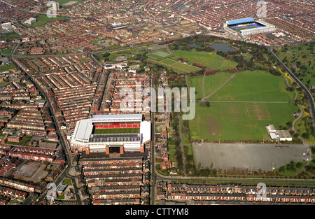 aerial view of Liverpool FC Anfield and Everton FC across Stanley Park