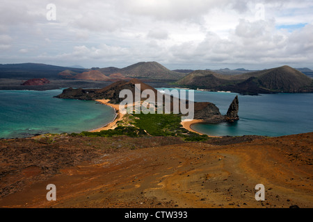 Aerial view of Pinnacle Rock with beach, Galapagos Islands National ...