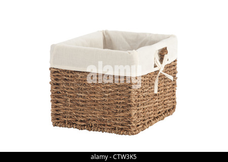 Isolated on white laundry basket made of rattan Stock Photo