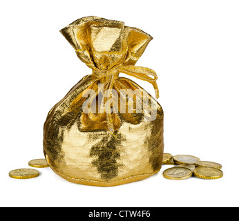 Golden sack and some money isolated on white Stock Photo