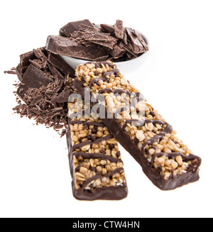 Muesli bar with Chocolate pieces isolated on white background Stock Photo