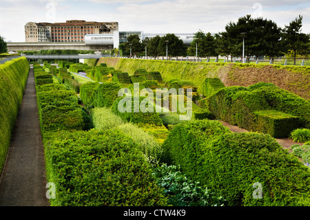 Overlooking the Thames Barrier Park with the derelict Millennium Mills and the Pontoon Dock DLR station in the background. Stock Photo