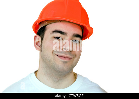 Everyday construction worker smiling isolated over a white background. Stock Photo