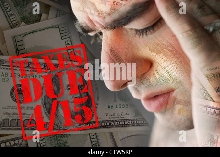 A man has intense stress over how he is going to pay his taxes during a time of economic downturn. Stock Photo