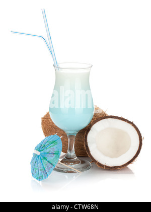 Blue hawaii cocktail and coconuts. Isolated on white background Stock Photo