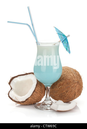 Blue hawaii cocktail and coconuts. Isolated on white background Stock Photo