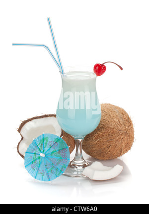 Blue hawaii cocktail and coconuts. Isolated on white background Stock Photo