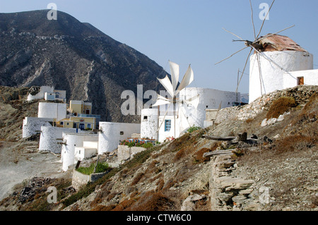 Old whitewashed windmills in the village of Olympos om the Greek Island of Karpathos, in the Dodecanese island chain of the Aegean, Greece. Stock Photo