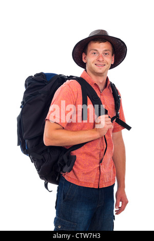 Happy man traveling with backpack, isolated on white background. Stock Photo
