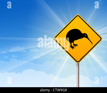 Kiwi Bird Yellow Sign on Blue Stock Photo