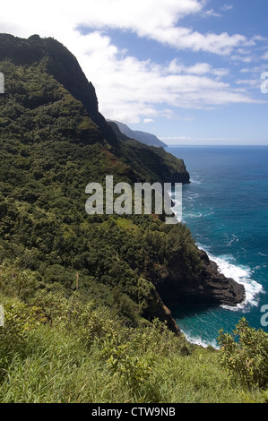 Elk284-8059v Hawaii, Kauai, Na Pali Coast, along Kalalau Trail, Waiahuakua Valley landscape with pali and ocean Stock Photo