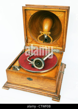 Pathe Saphone Gramophone Elf phonograph Vintage Antique 1910 is a French gramophone using a saphire stylus. From the archives of Press Portrait Service (formerly Press Portrait Bureau) Stock Photo