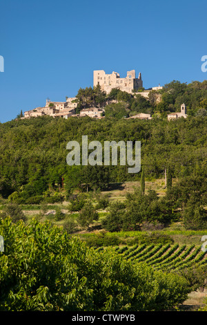 Ruins of Chateau Marquis de Sade above medieval town of Lacoste, Provence France Stock Photo