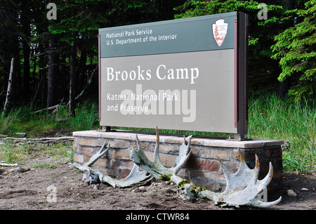 Sign of Brooks Camp, decorated with moose antlers. Katmai National Park and Preserve. Alaska, USA. Stock Photo
