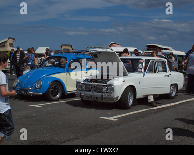 Crowds of people gathering at a vintage Volkswagen classic car and van festival in Northern England. Stock Photo