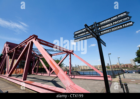 Signpost & Bascule Bridge. Rotherhithe Street, England, London, UK Stock Photo