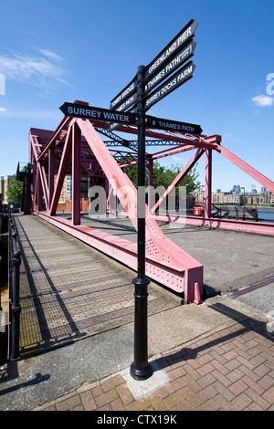 Signpost & Bascule Bridge. Rotherhithe Street, England, London, UK Stock Photo