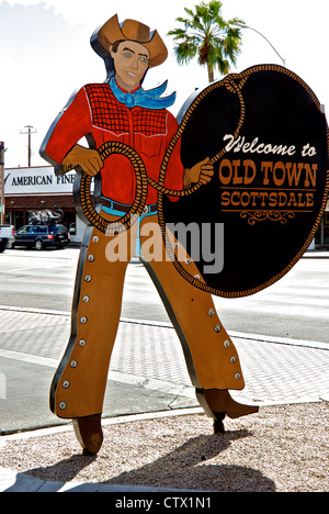 Cowboy cutout figure welcome sign Old Town Scottsdale historical district Stock Photo