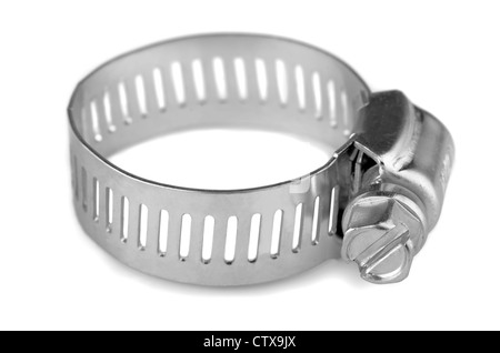 New metal hose clamp isolated on white Stock Photo