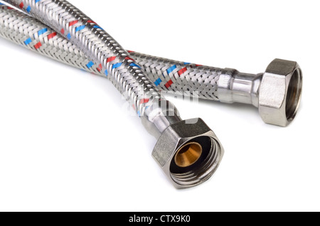Braided flexible water hose on white background Stock Photo