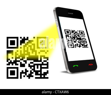 Mobil phone reading QR code. Isolated on white. Stock Photo
