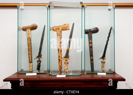 A collection of Keris, or Kris Daggers, at the Neka Art Museum, Ubud, Bali, Indonesia. Stock Photo