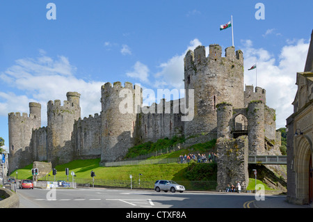 Major tourism & sightseeing location ruins of historical massive defensive walls of Medieval Conwy Castle in Conwy County Borough Clwyd North Wales UK Stock Photo