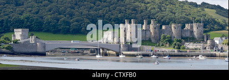 The three bridges across River Conwy with Conwy Castle Stock Photo