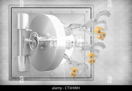 Hands of robot holding the dollar through the safe door Stock Photo
