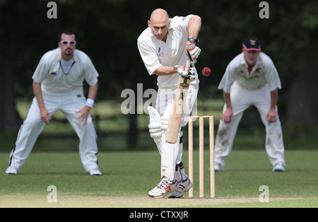 A Batsman in action during a village cricket match in the English Countyside. Picture by James Boardman. Stock Photo