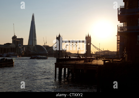 The Shard & Tower Bridge decorated with the Olympic Rings in the background, London, UK. Stock Photo