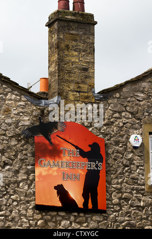 Grouse shooting illustration on Gamekeepers Inn, Long Ashes Park, Threshfield, North Yorkshire, Grassington, North Yorkshire Dales National Park, UK Stock Photo