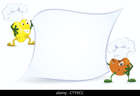 Lemon and orange in chef hat are holding promotion board vector illustration  Stock Photo