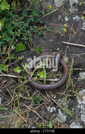 old iron ring set in stone slab mooring ringfor boats Stock Photo