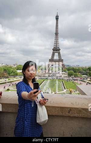 selfie  from Palais de Chaillot and Jardins de Trocadero towards Eiffel Tower Paris France Stock Photo