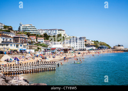 Seafront and sandy beach at Ventnor, Isle of Wight, Hampshire, England, UK on a sunny summer day with clear blue sky Stock Photo