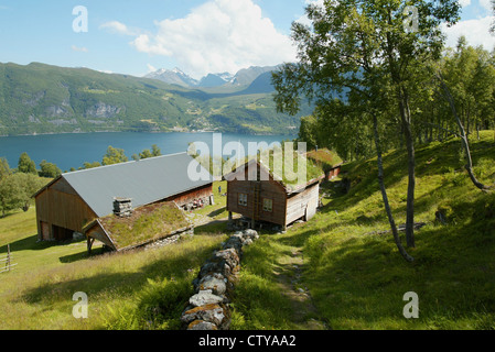 Ytste Skotet, Stordal, Norway, living museum based on how Norwegian's in this area lived from 1850-1900, Ramstaddal summer camp on a mountain farm overlooking Storfjorden near Sykklyven, Møre and Romsdal, Norway Stock Photo